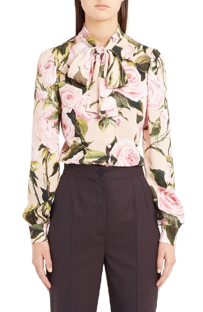 Shop Dolce & Gabbana Rose Print Tie Neck Stretch Silk Blouse In Pink