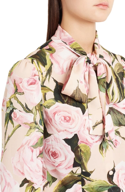 Shop Dolce & Gabbana Rose Print Tie Neck Stretch Silk Blouse In Pink