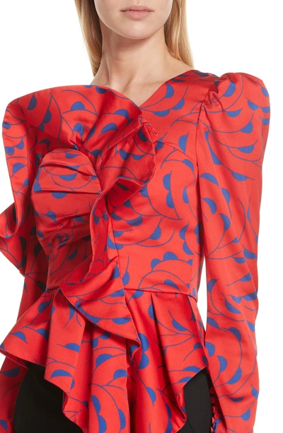 Shop Self-portrait Azalea Print Ruffle Detail One-shoulder Top In Red/ Navy
