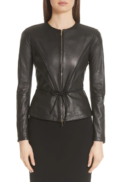 Shop Emporio Armani Leather Peplum Jacket In Black