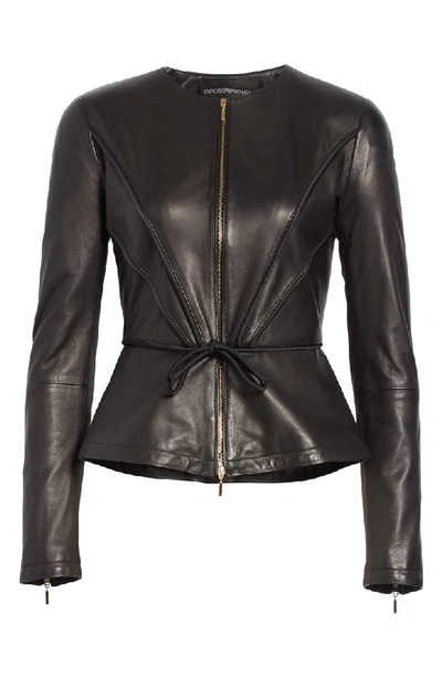 Shop Emporio Armani Leather Peplum Jacket In Black