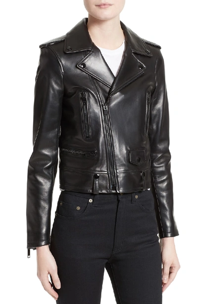 Shop Saint Laurent Leather Moto Jacket In Granito