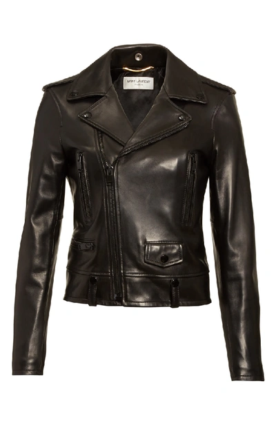 Shop Saint Laurent Leather Moto Jacket In Granito