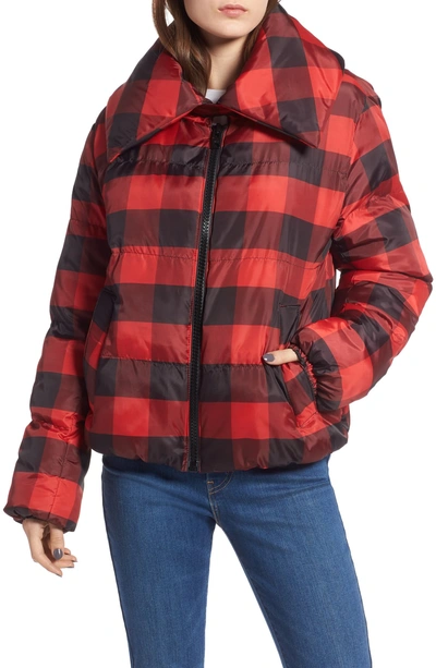 Shop Kendall + Kylie Oversize Plaid Puffer Jacket In Black/ Red Plaid