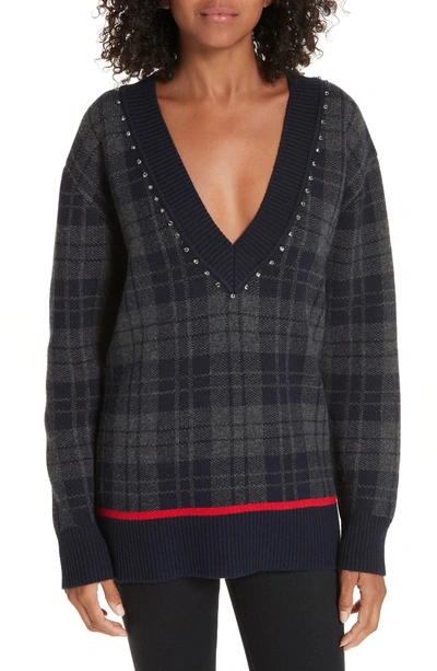 Shop Sandro Embellished Plaid Sweater In Deep Navy