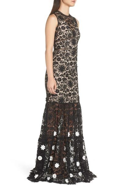 Shop ml Monique Lhuillier 3d Black & White Floral Lace Gown In Jet Ivory Combo