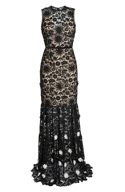 Shop ml Monique Lhuillier 3d Black & White Floral Lace Gown In Jet Ivory Combo
