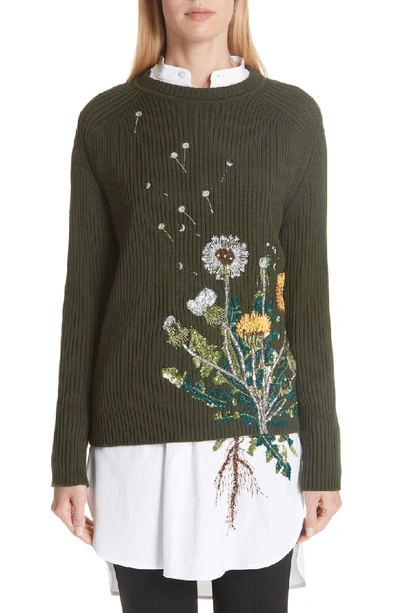 Shop Oscar De La Renta Embellished Dandelion Wool Blend Sweater In Olive