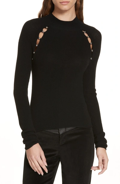 Shop Alice And Olivia Button Cutout Wool Sweater In Black/ Silver