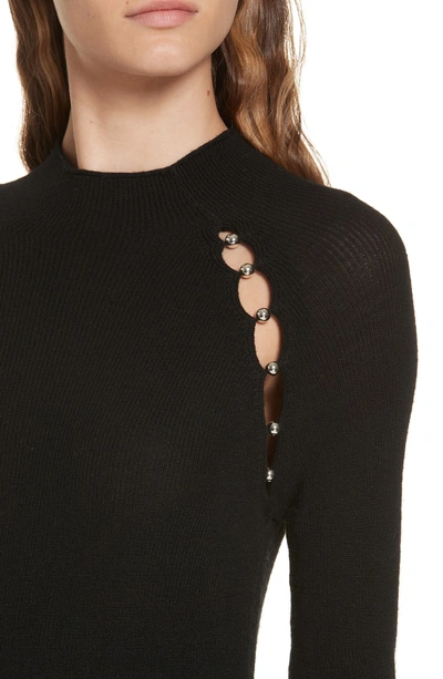 Shop Alice And Olivia Button Cutout Wool Sweater In Black/ Silver