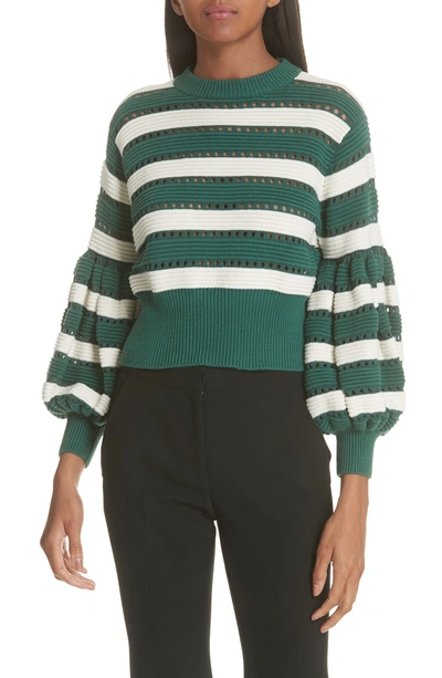 Shop Self-portrait Puff Sleeve Cotton & Wool Crop Sweater In Green-cream
