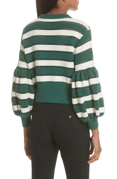 Shop Self-portrait Puff Sleeve Cotton & Wool Crop Sweater In Green-cream