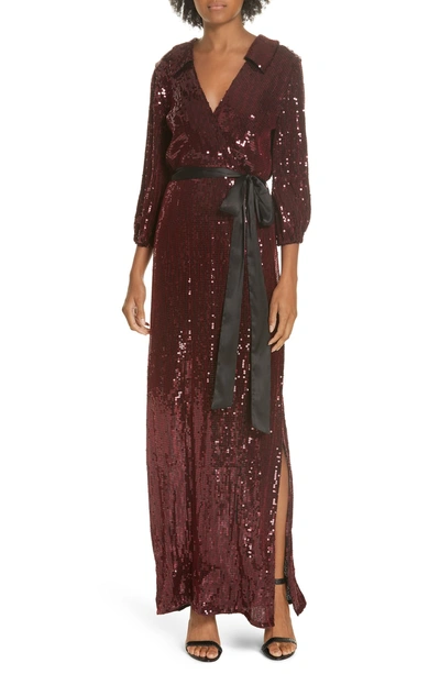 Shop Alice And Olivia Bayley Sequin Maxi Shirtdress In Bordeaux/ Black
