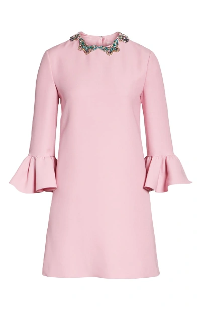 Shop Valentino Embellished Butterfly Neck Wool & Silk Shift Dress In Absolute Rose