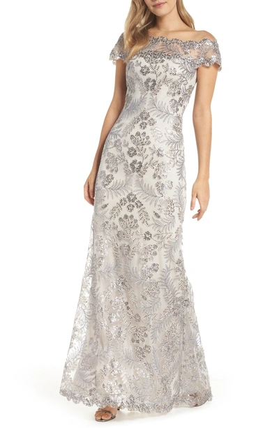 Shop Tadashi Shoji Illusion Neck Sequin Lace Gown In Light Pearl/ Natural