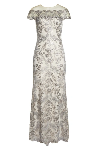Shop Tadashi Shoji Illusion Neck Sequin Lace Gown In Light Pearl/ Natural