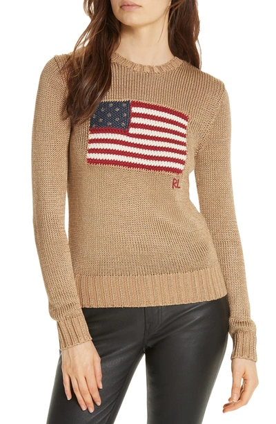 Shop Polo Ralph Lauren Metallic Cotton Blend Flag Sweater In Gold Multi
