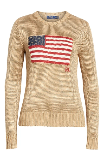 Shop Polo Ralph Lauren Metallic Cotton Blend Flag Sweater In Gold Multi