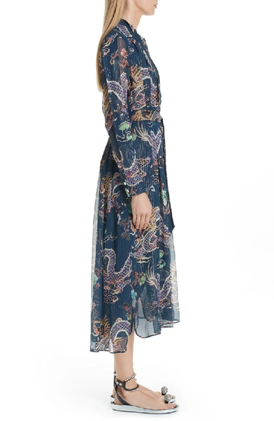 Isabel Marant Long-sleeve Dragon-print Metallic-silk Midi Dress In Midnight  | ModeSens