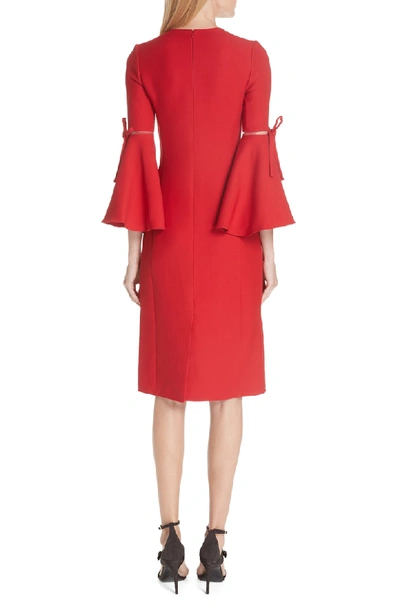 Shop Oscar De La Renta Split Trumpet Sleeve Wool & Silk Crepe Dress In Crimson