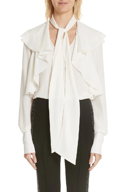 Shop Jason Wu Ruffle Shoulder Tie Neck Silk Blouse In Chalk