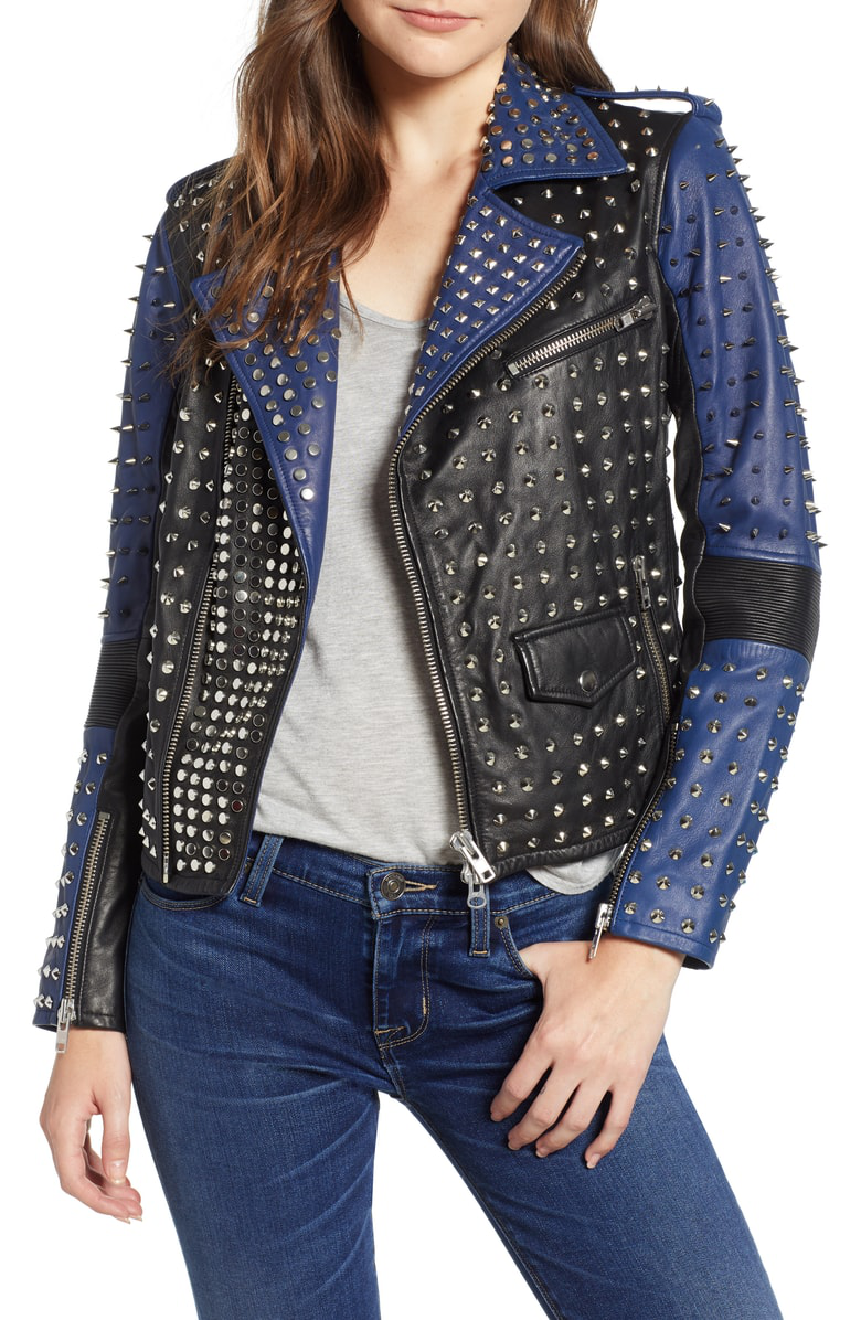 Hudson Colorblock Studded Lambskin Leather Biker Jacket In Onyx/ Ink ModeSens