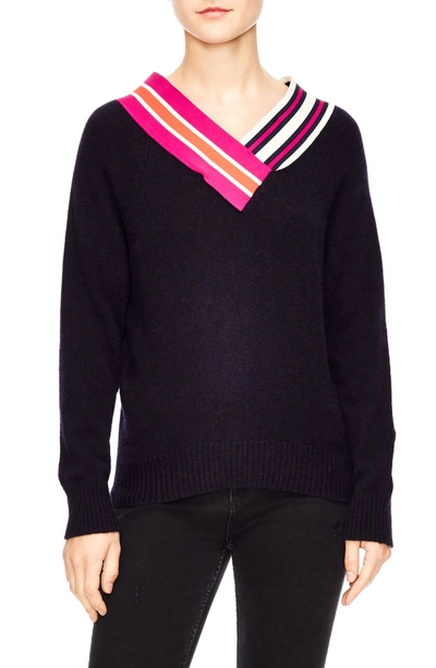 Shop Sandro Stripe Neck Sweater In Deep Navy