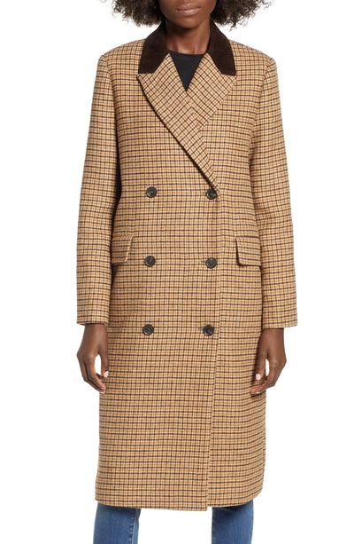 Shop Moon River Houndstooth Double Breasted Coat In Brown Plaid