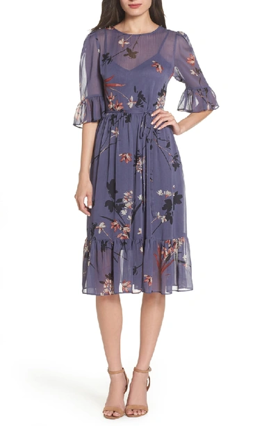 Shop Avec Les Filles Floral Chiffon Midi Dress In Blue Multi