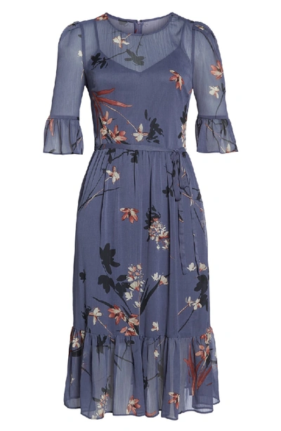 Shop Avec Les Filles Floral Chiffon Midi Dress In Blue Multi