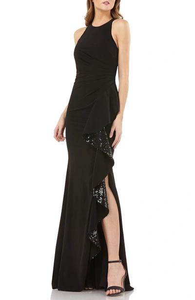 Shop Carmen Marc Valvo Infusion Sleeveless Sequin Cascade Ruffle Gown In Black