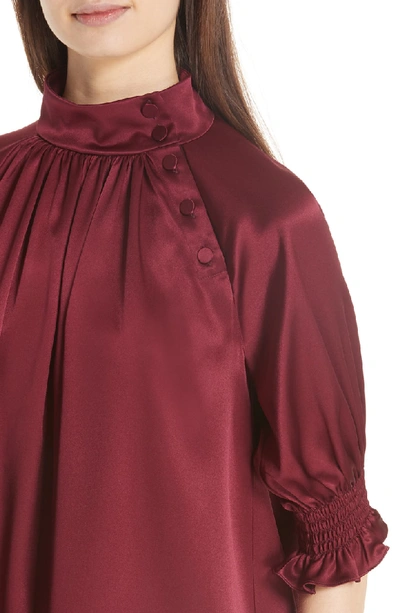 Shop Adam Lippes Silk Charmeuse Smocked Blouse In Burgundy