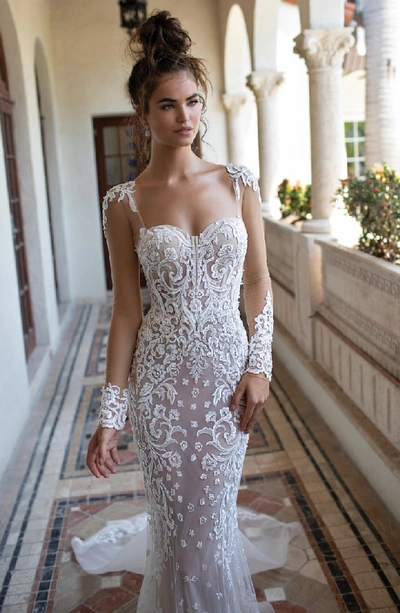 Shop Berta Illusion Sleeve Embroidered Trumpet Gown In Ivory