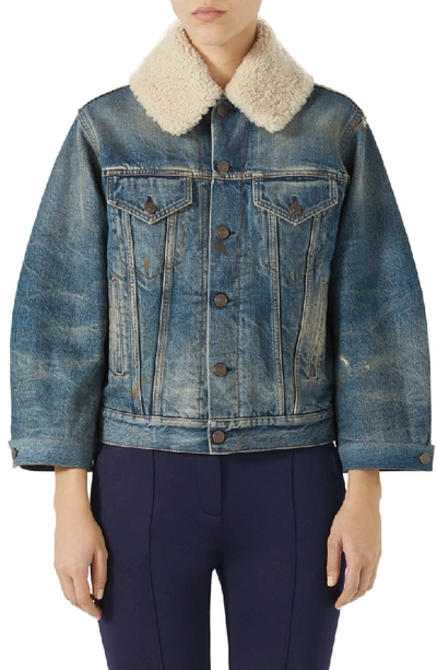 Shop Gucci Print Back Denim Jacket With Genuine Shearling Trim In Blue/ Margarine