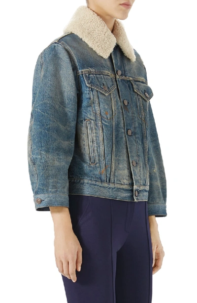 Shop Gucci Print Back Denim Jacket With Genuine Shearling Trim In Blue/ Margarine