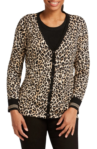 Shop Foxcroft Veronika Leopard Print Cardigan Sweater In Almond Tart