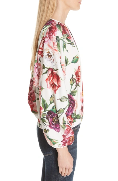 Shop Dolce & Gabbana Peony Print Gathered Stretch Silk Blouse In Peonie