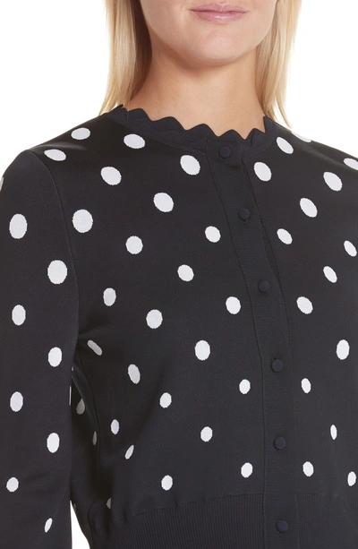 Shop Oscar De La Renta Scallop Edge Polka Dot Cardigan In Nvw-navy/ White