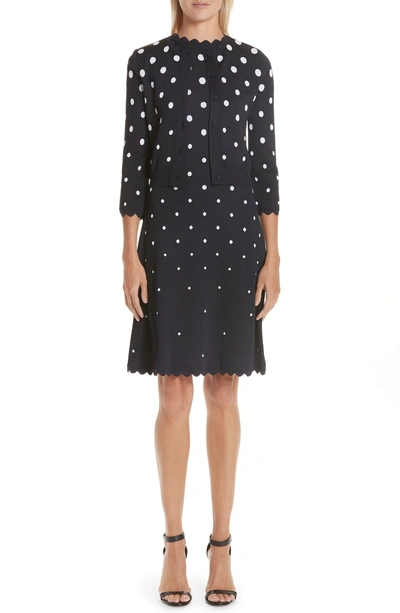 Shop Oscar De La Renta Scallop Edge Polka Dot Cardigan In Nvw-navy/ White