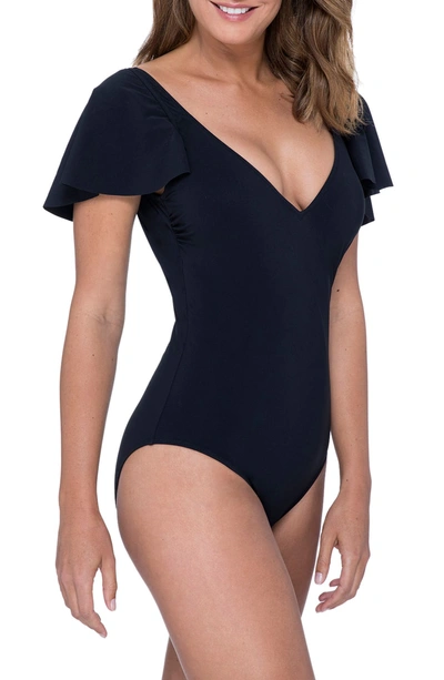 Shop Profile By Gottex V-neck Short Sleeve One-piece Swimsuit In Black