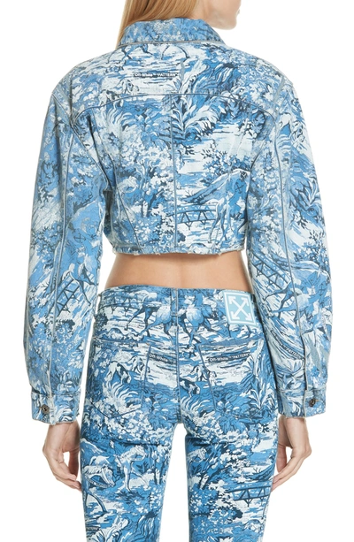 Shop Off-white Tapestry Print Crop Denim Jacket In Medium Blue