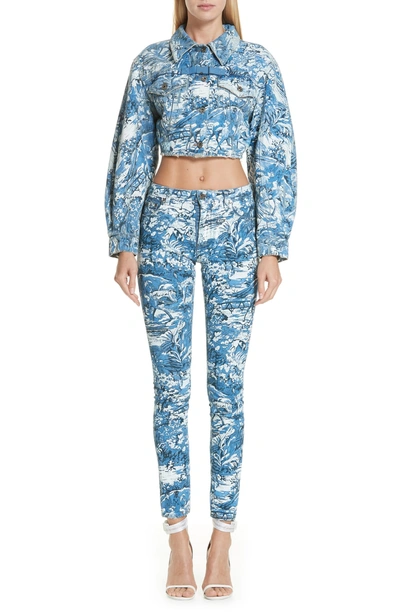 Shop Off-white Tapestry Print Crop Denim Jacket In Medium Blue