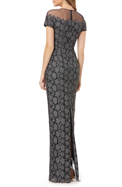 Shop Js Collections Illusion Metallic Lace Gown In Gunmetal