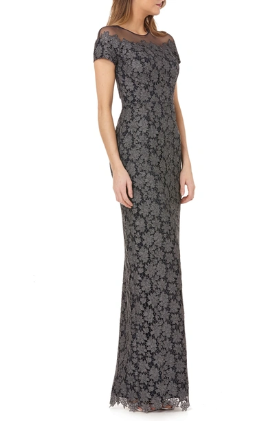 Shop Js Collections Illusion Metallic Lace Gown In Gunmetal