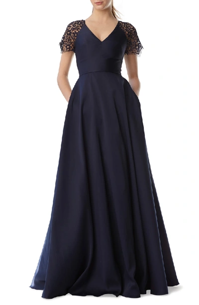 Shop ml Monique Lhuillier Lace Sleeve Ball Gown In Navy
