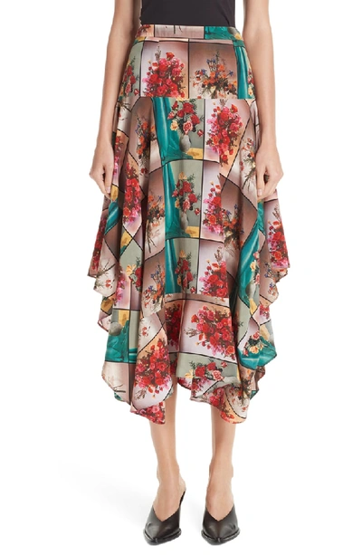 Shop Stella Mccartney Flower Vase Print Silk Midi Skirt In Multicolor