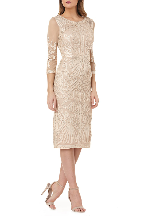 sheer sleeve soutache sheath dress