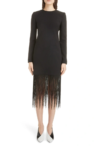 Shop Givenchy Fringe Hem Wool Crepe Sheath Dress In Black