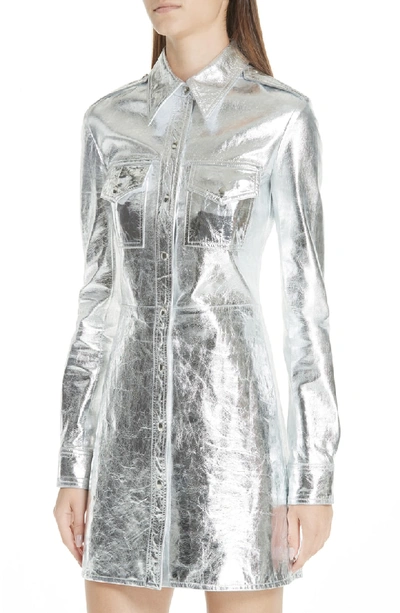 Shop Calvin Klein 205w39nyc Metallic Leather Western Shirtdress In Silver