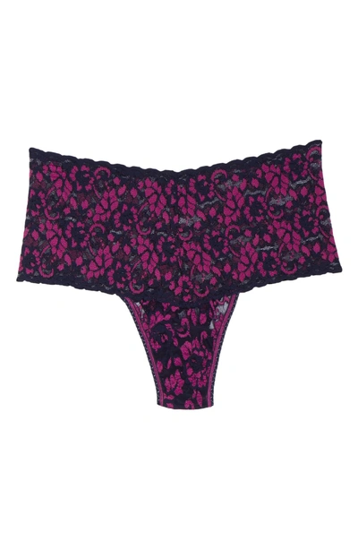 Shop Hanky Panky Cross Dye Lace Retro Thong In Navy/ Bright Amethyst Pink